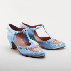 American Duchess Daisy Women's Embroidered T-Straps (Blue) -StrideOne Store bata daisy 1920s embroidered flapper shoes blue