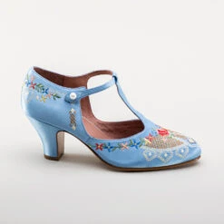 American Duchess Daisy Women's Embroidered T-Straps (Blue) -StrideOne Store bata daisy 1920s embroidered flapper shoes blue 3