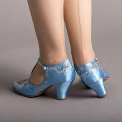 American Duchess Daisy Women's Embroidered T-Straps (Blue) -StrideOne Store bata daisy 1920s embroidered flapper shoes blue of 3