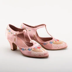 American Duchess Daisy Women's Embroidered T-Straps (Pink) -StrideOne Store bata daisy 1920s embroidered flapper shoes pink