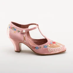 American Duchess Daisy Women's Embroidered T-Straps (Pink) -StrideOne Store bata daisy 1920s embroidered flapper shoes pink 3