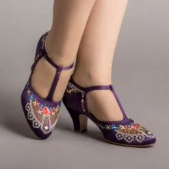 American Duchess Daisy Women's Embroidered T-Straps (Purple)