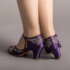 American Duchess Daisy Women's Embroidered T-Straps (Purple) -StrideOne Store bata daisy 1920s embroidered flapper shoes purple of 3