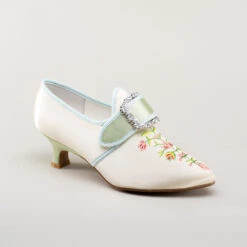 American Duchess Primrose Women's 18th Century Shoes (Ivory/Celadon Green) -StrideOne Store bata primrose embroidered 18th century shoes ivory celadon 2