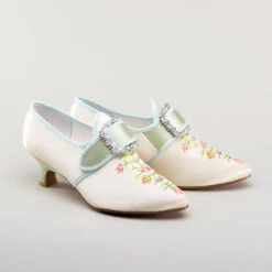 American Duchess Primrose Women's 18th Century Shoes (Ivory/Celadon Green) -StrideOne Store bata primrose embroidered 18th century shoes ivory celadon