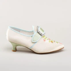 American Duchess Primrose Women's 18th Century Shoes (Ivory/Celadon Green) -StrideOne Store bata primrose embroidered 18th century shoes ivory celadon 3