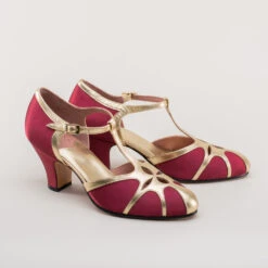 American Duchess Lilith Women's Vintage Flapper T-Straps (Burgundy/Gold) 20 American Duchess Lilith Women's Vintage Flapper T-Straps (Burgundy/Gold) -StrideOne Store lilith 1920s flapper shoes gold burgundy