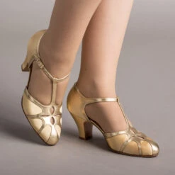 American Duchess Lilith Women's Vintage Flapper T-Straps Wide (Gold/Gold)