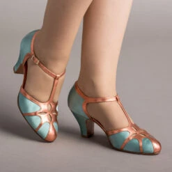 American Duchess Lilith Women's Vintage Flapper T-Straps Wide (Teal/Copper)
