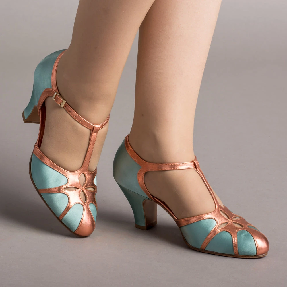 American Duchess Lilith Women's Vintage Flapper T-Straps Wide (Teal/Copper) 3 American Duchess Lilith Women's Vintage Flapper T-Straps Wide (Teal/Copper)