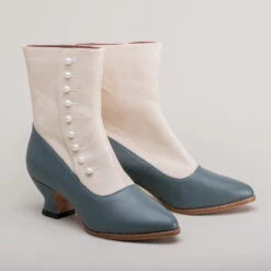 American Duchess Manhattan Women's Victorian Cloth-Top Button Boots (Ivory/French Blue) -StrideOne Store manhattan canvas leather victorian button boots ivory french blue