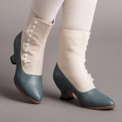 American Duchess Manhattan Women's Victorian Cloth-Top Button Boots (Ivory/French Blue)